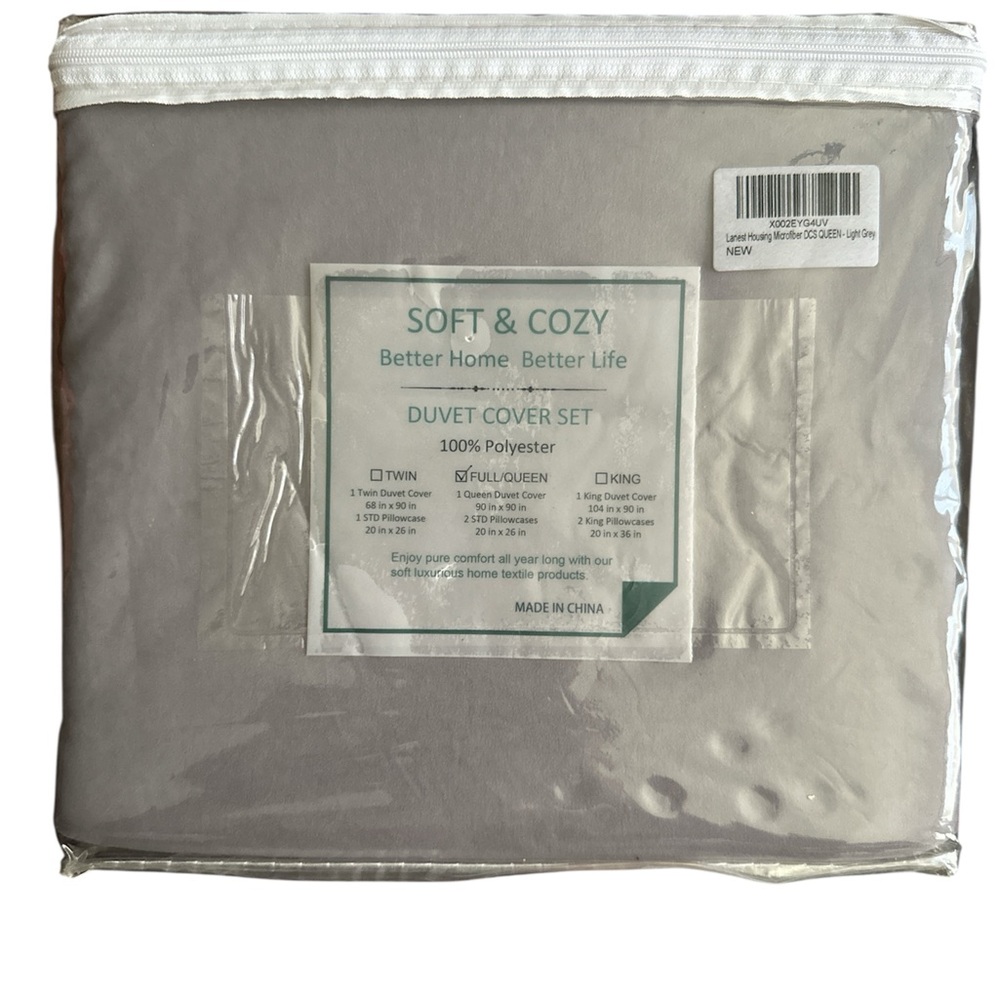 Soft & Cozy Light Gray Duvet Cover Set - 100% Polyester NWT